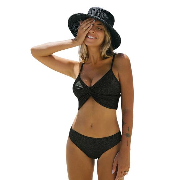 Cupshe Women's Sparking Lurex Twisted Tankini & Hipster Set Black Small - Picture 1 of 9